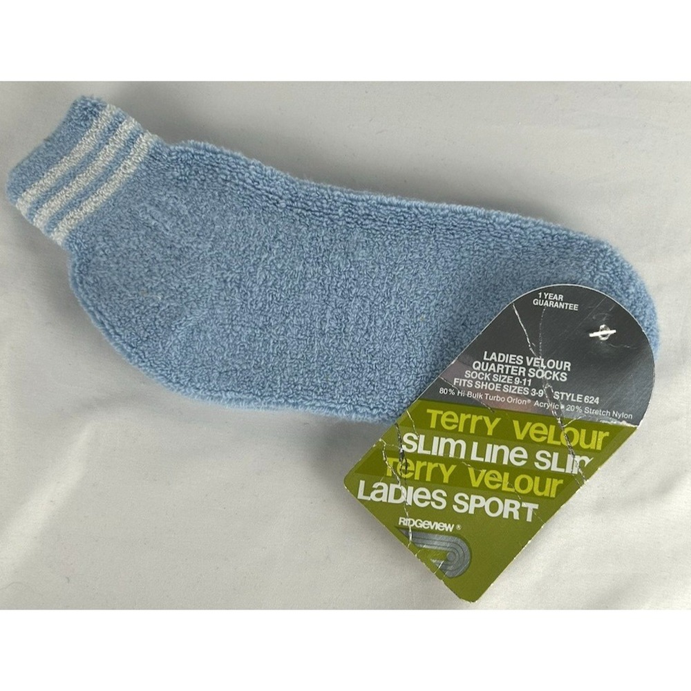 NEW Vtg Ridgeview Blue Terry Velour Slim Line Quarter Socks Womens 9-11